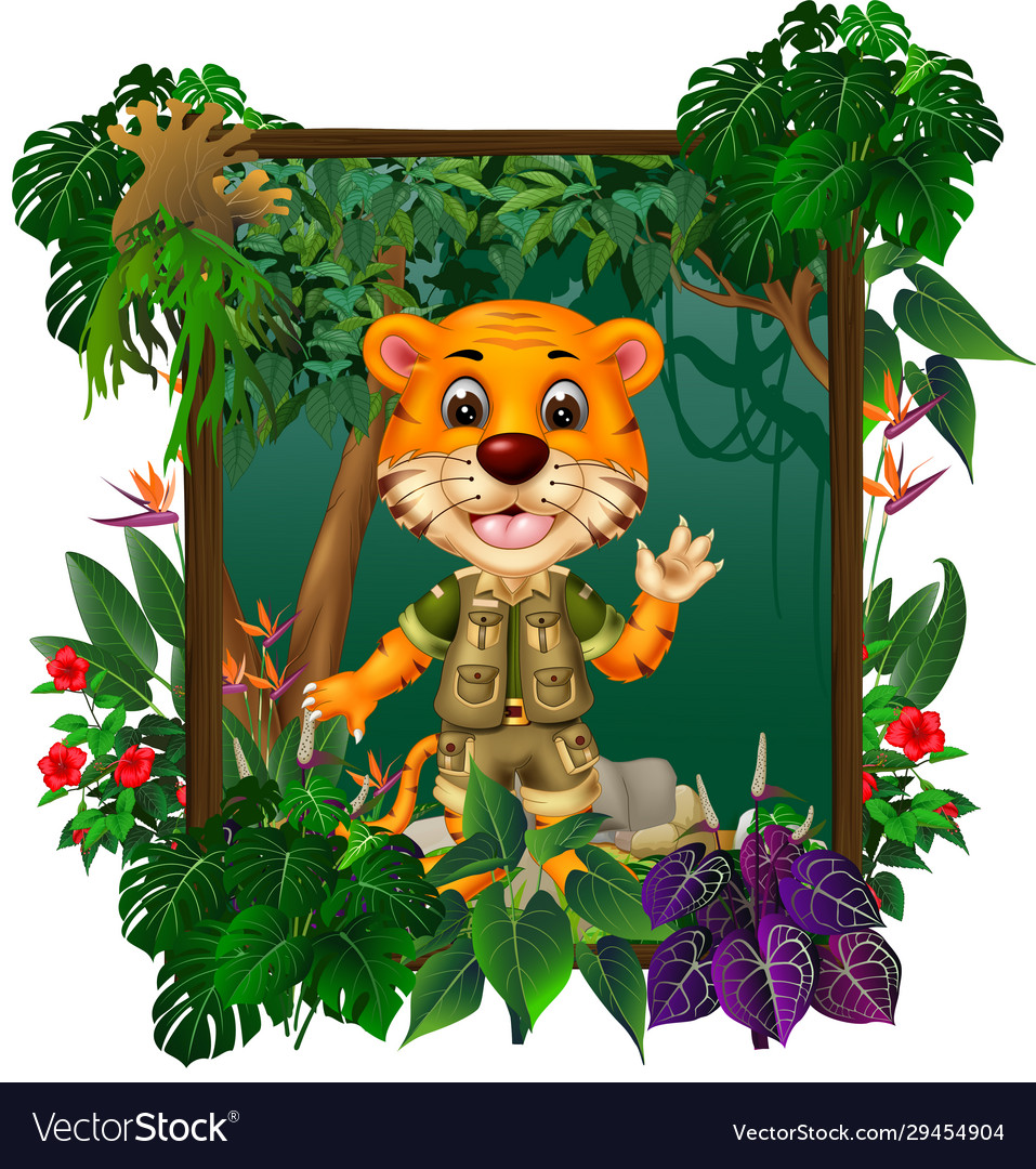 Funny tiger in forest with tropical plant cartoon