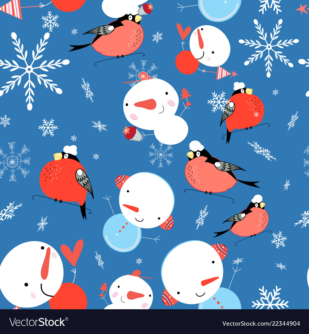 Seamless bright winter pattern of bullfinches