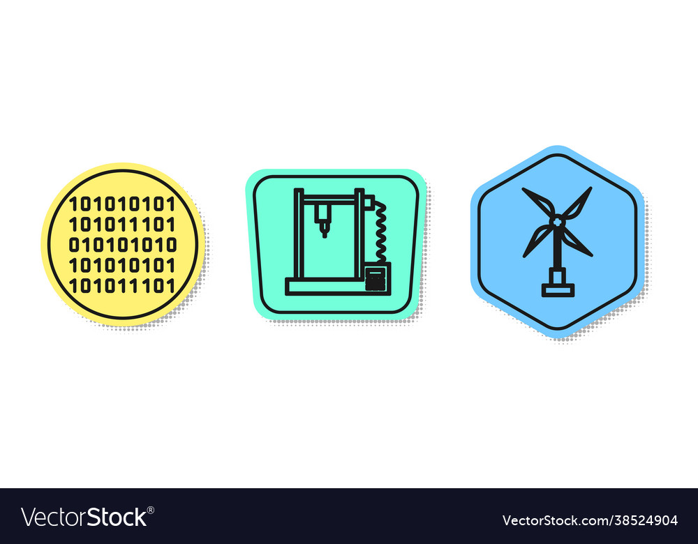 Set line binary code 3d printer and wind turbine vector image Set line binary code 3d printer and wind turbine