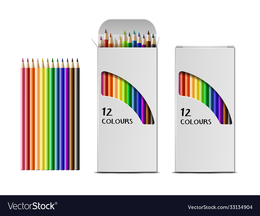 Set realistic boxes colored pencils Royalty Free Vector