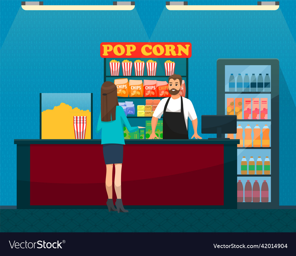 Young woman buying popcorn from salesman girl Vector Image