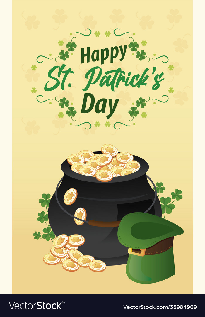 Happy saint patricks day lettering with cauldron