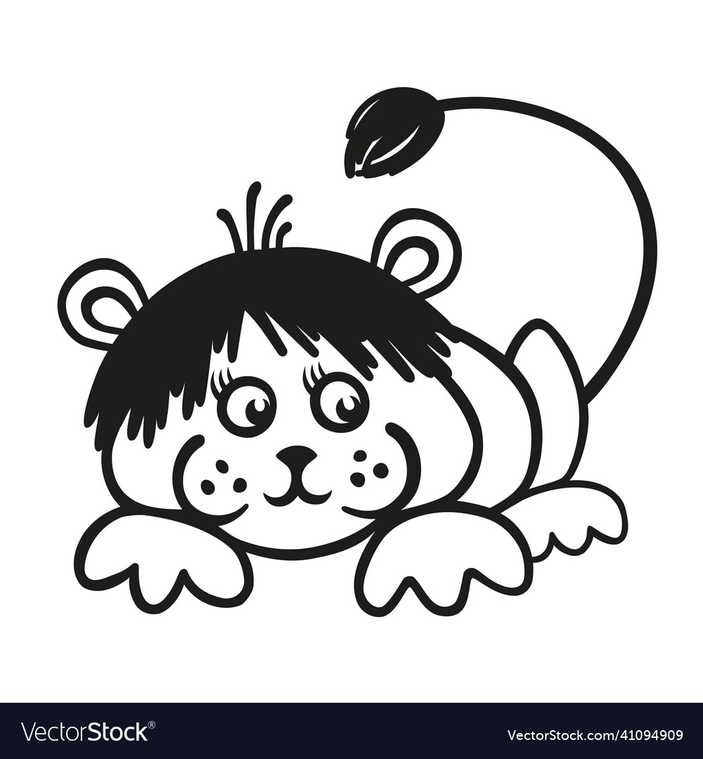 Lying baby lion black and white cartoon