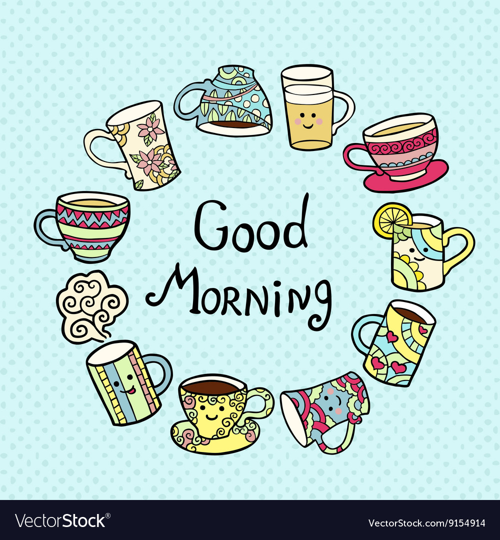 Good morning card with doodle tea cups on blue Vector Image