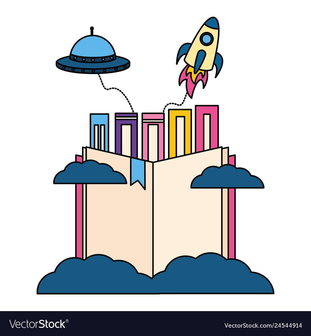 Stack of books with rocket isolated icon