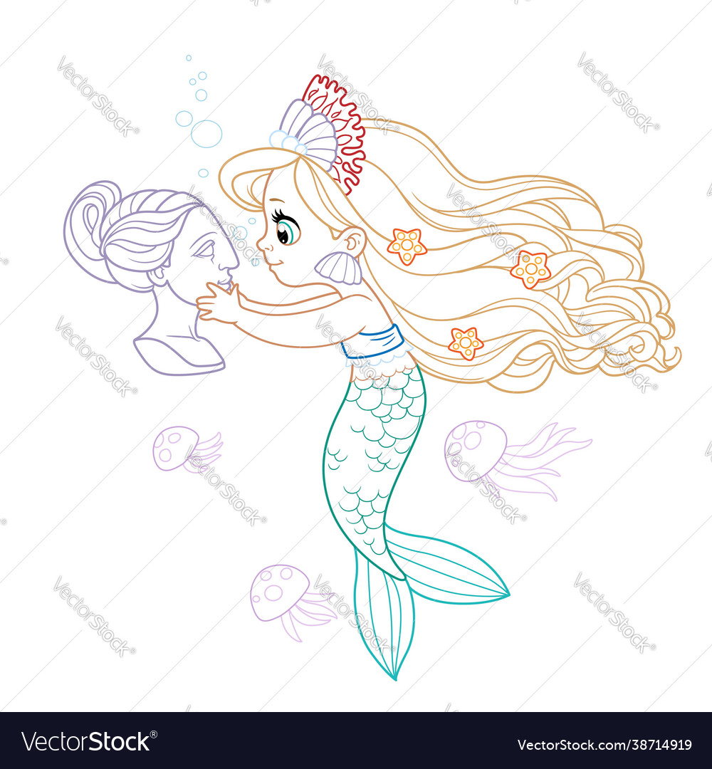 Cute little mermaid girl in coral tiara carefully