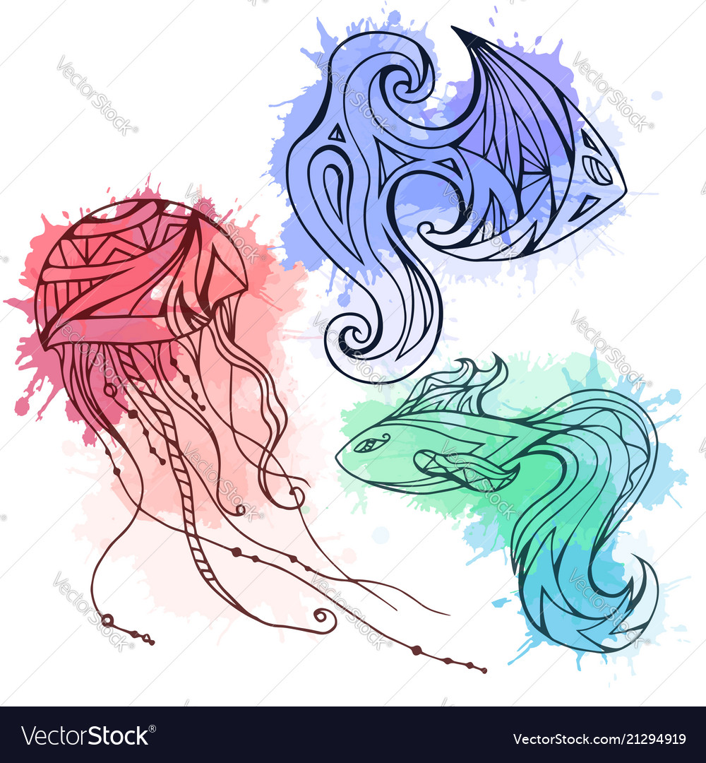 Set of doodle marine fish and jellyfish decorated vector image Set of doodle marine fish and jellyfish decorated