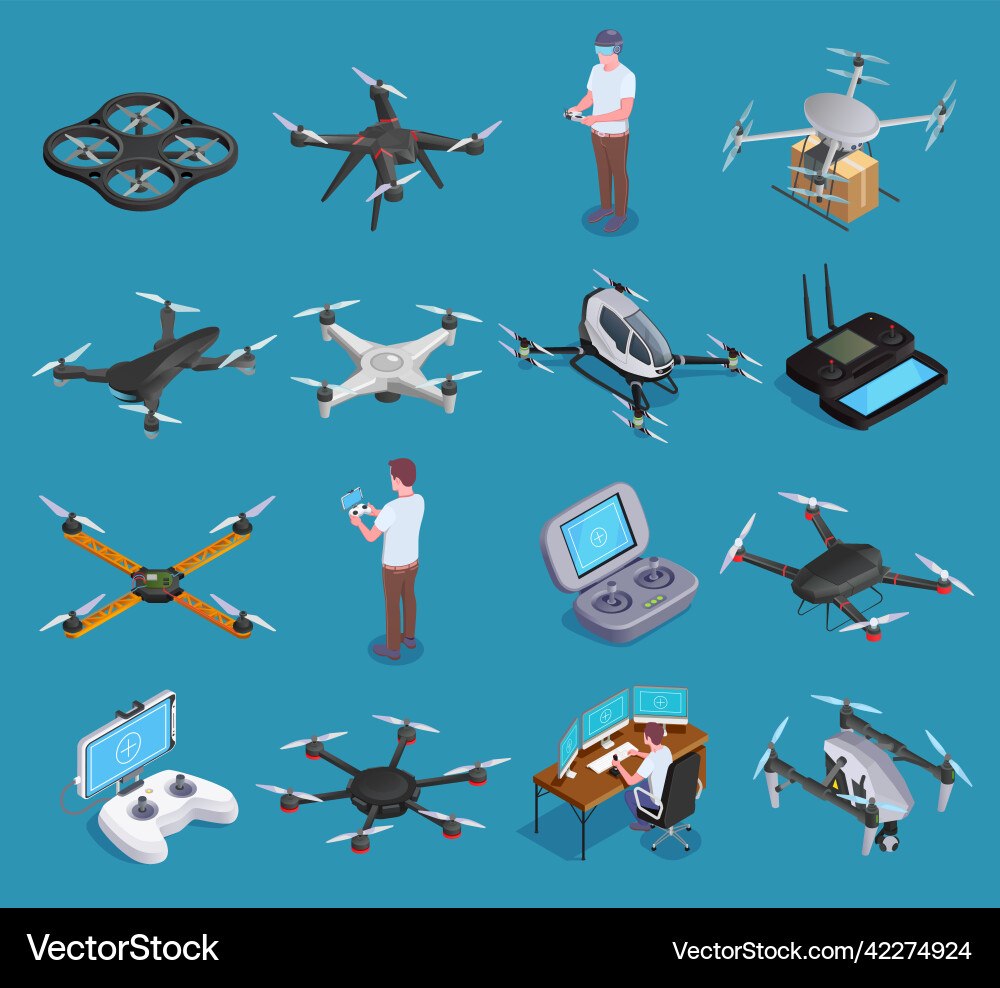 Drones quadrocopters isometric set Royalty Free Vector Image
