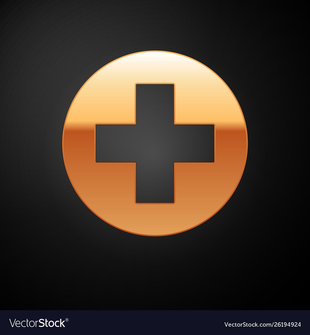 Gold medical cross in circle icon isolated