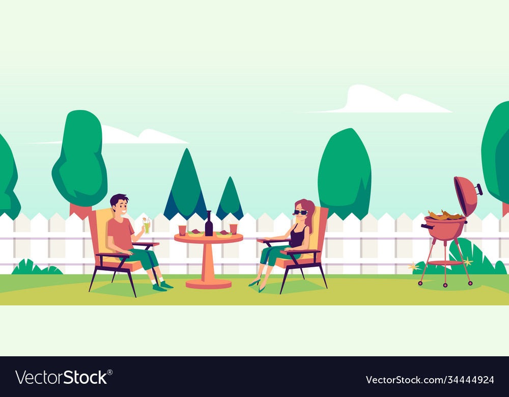 Grill party in backyard with couple Royalty Free Vector