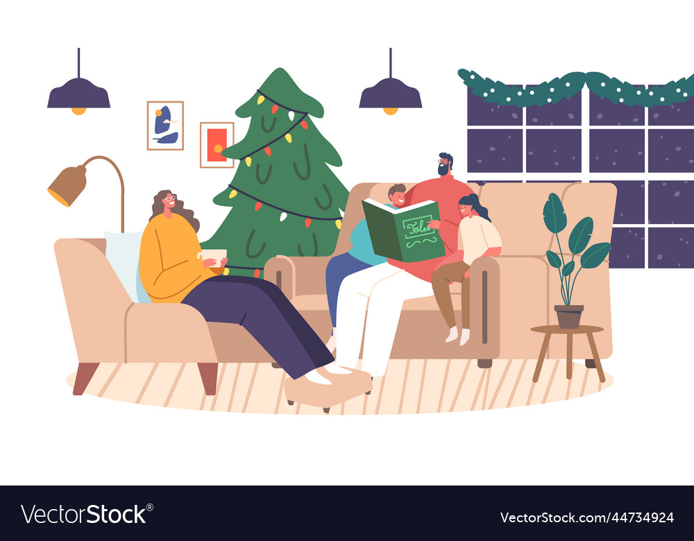 Happy Family Characters Parents And Kids Reading Vector Image