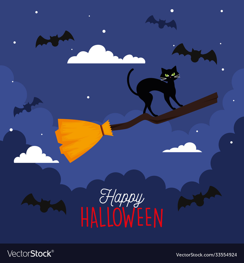 Happy halloween banner with cat in witch broom