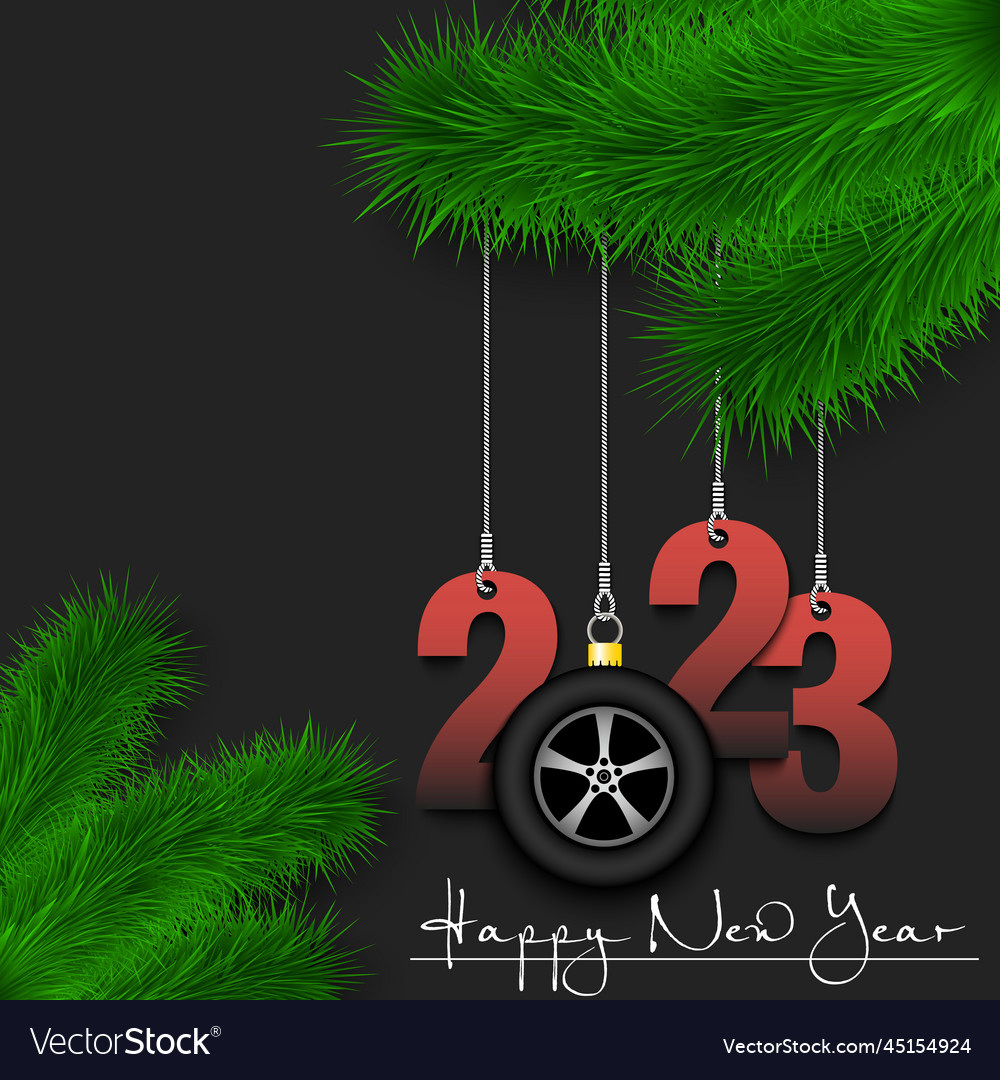 Happy new year 2023 and wheel car Royalty Free Vector Image