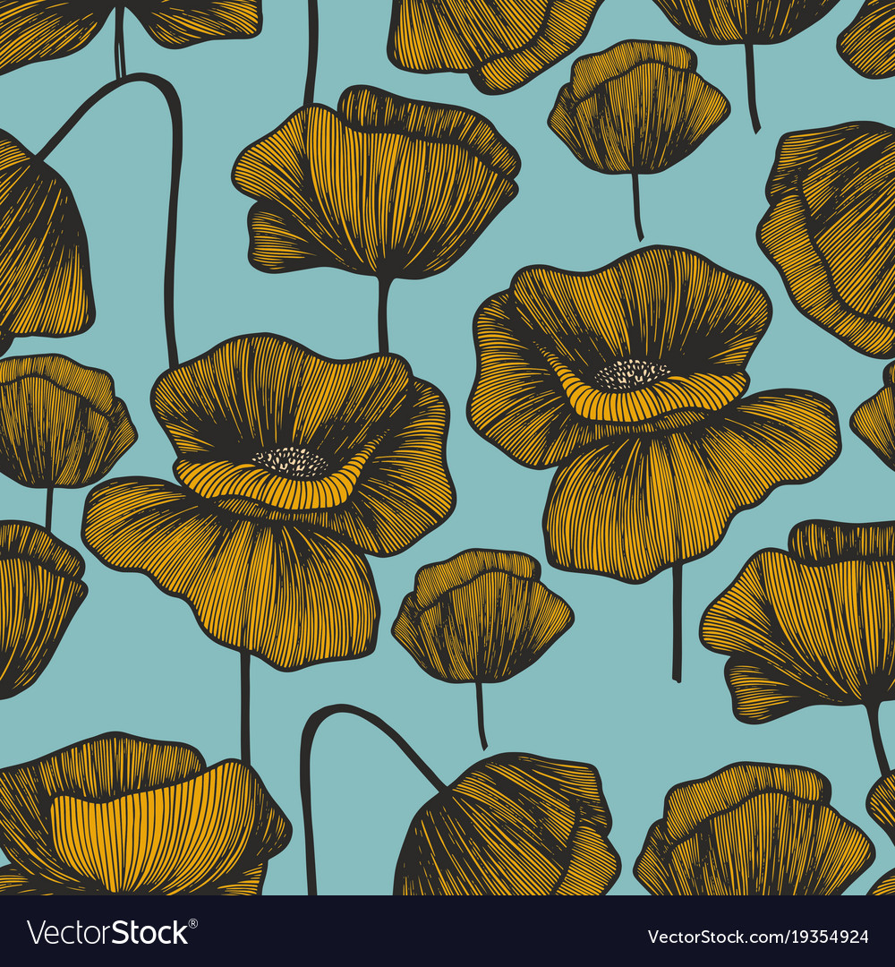 Yellow poppies on a turquoise background seamless Vector Image