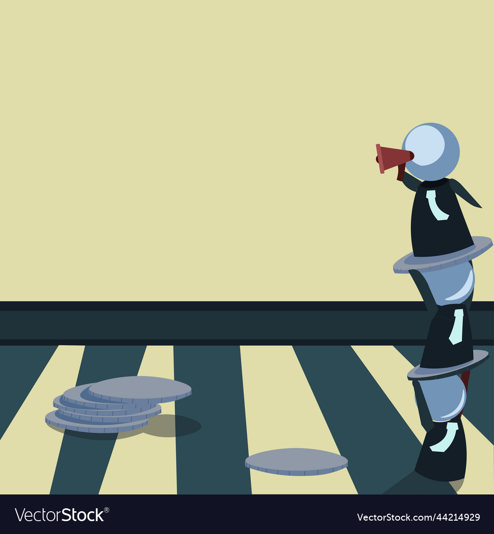 Robots standing over one another and presenting