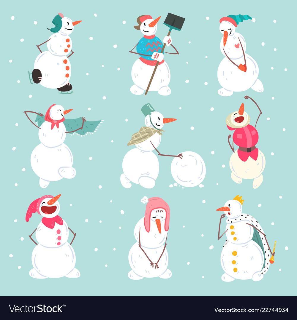 Funny snowmen characters set in different Vector Image