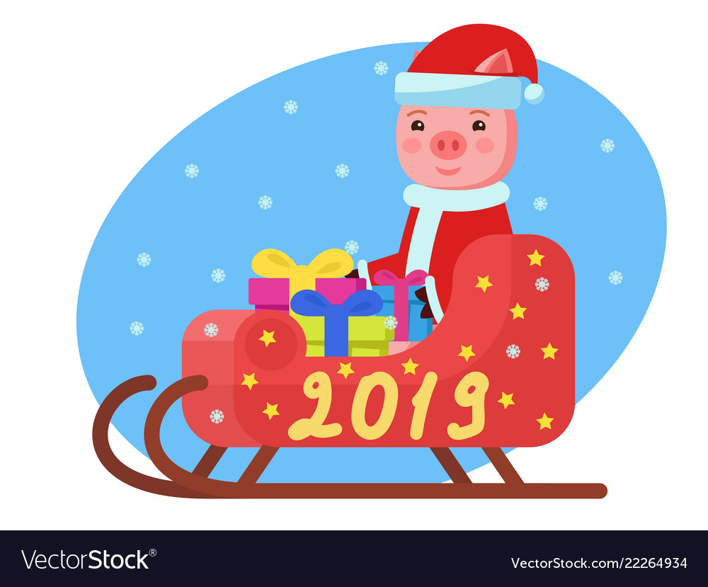 Pig in costume sits a sleigh with gifts