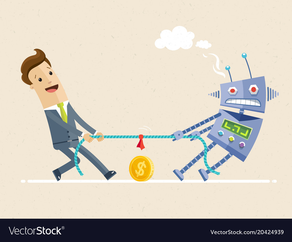 Businessman fighting with robot in the tug of war