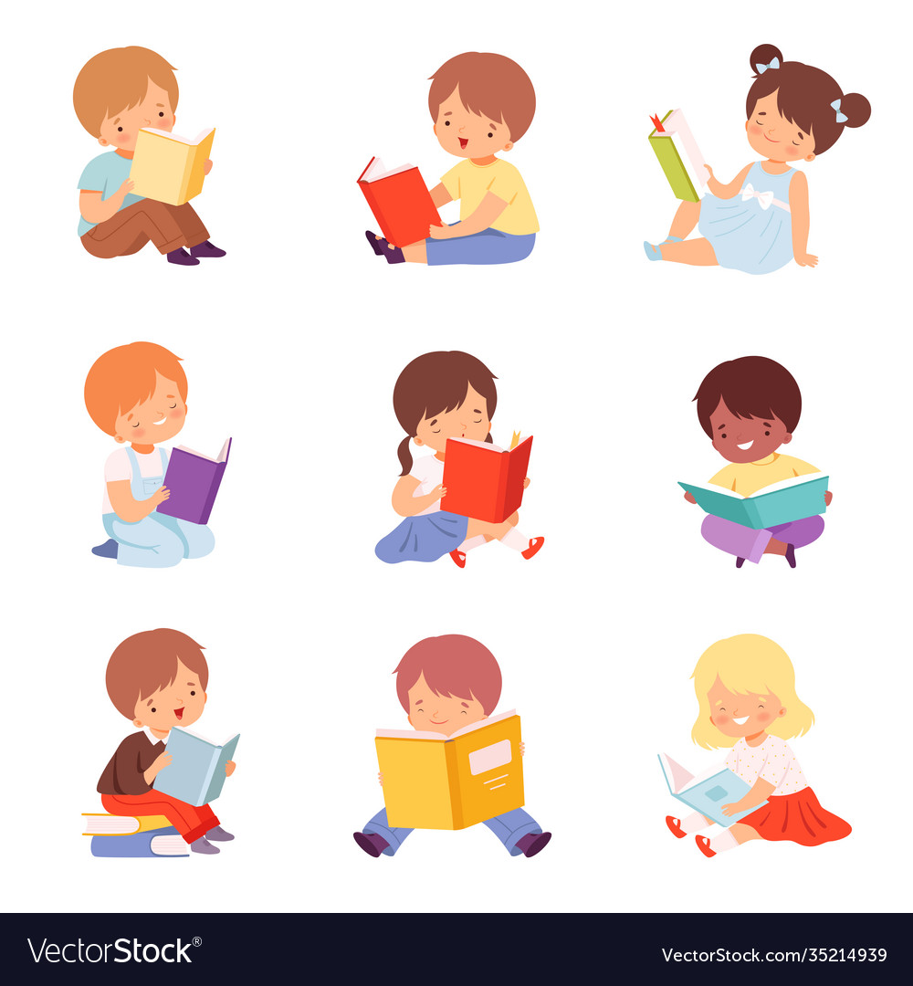 Little kids reading books set cute boys and girls Vector Image