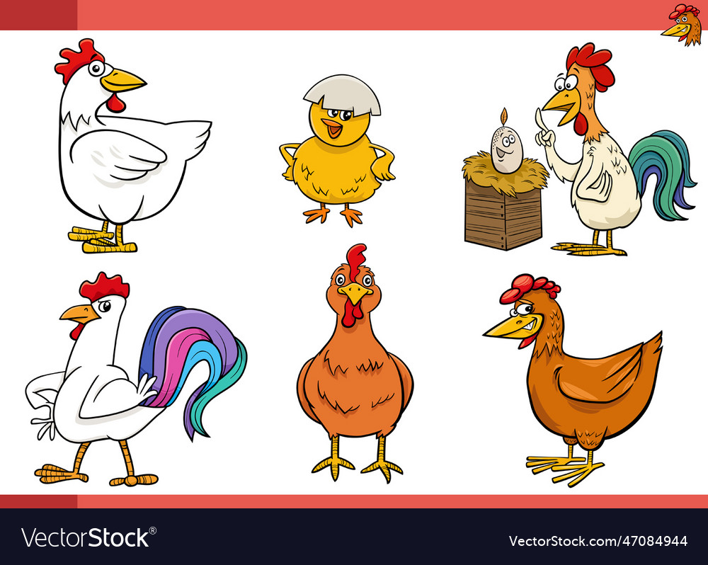 Cartoon chickens farm birds comic characters set Vector Image