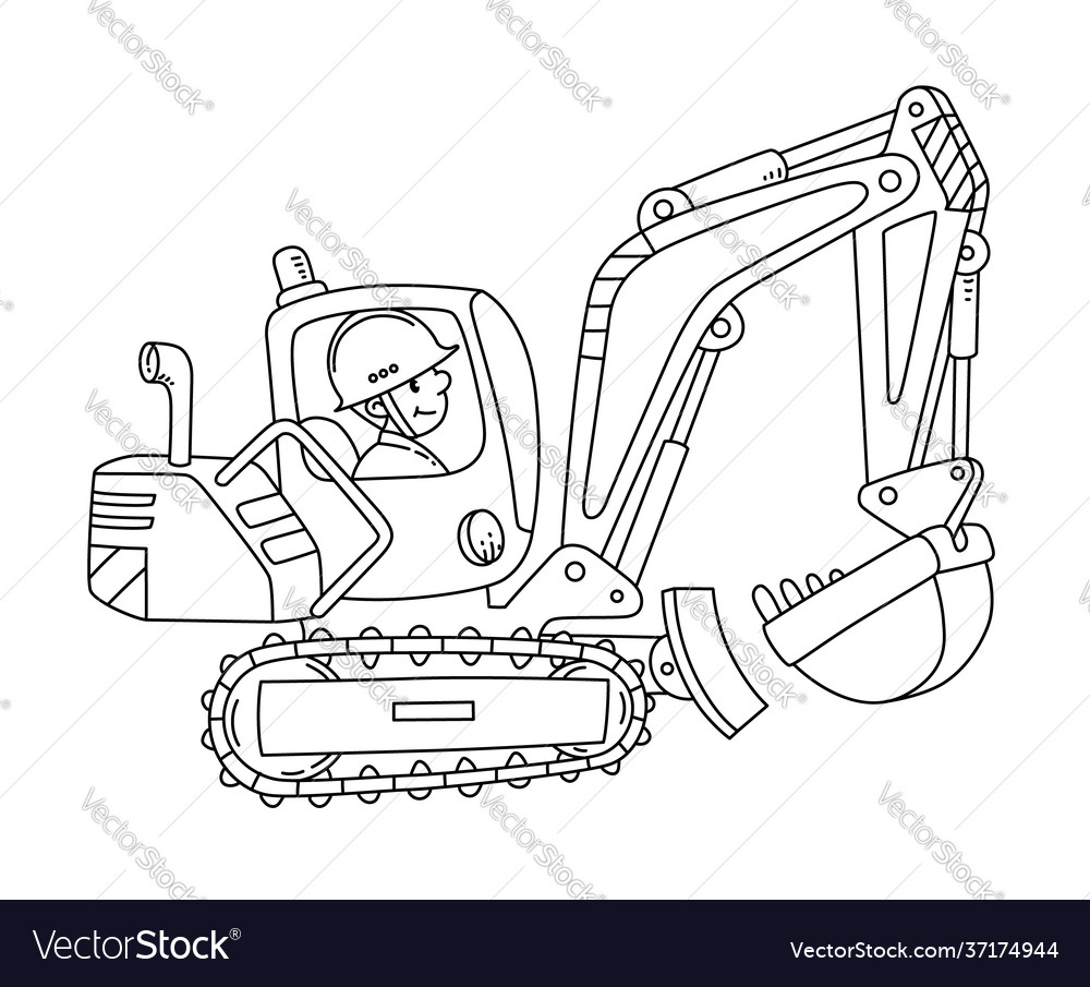 Funny excavator with a driver coloring book Vector Image