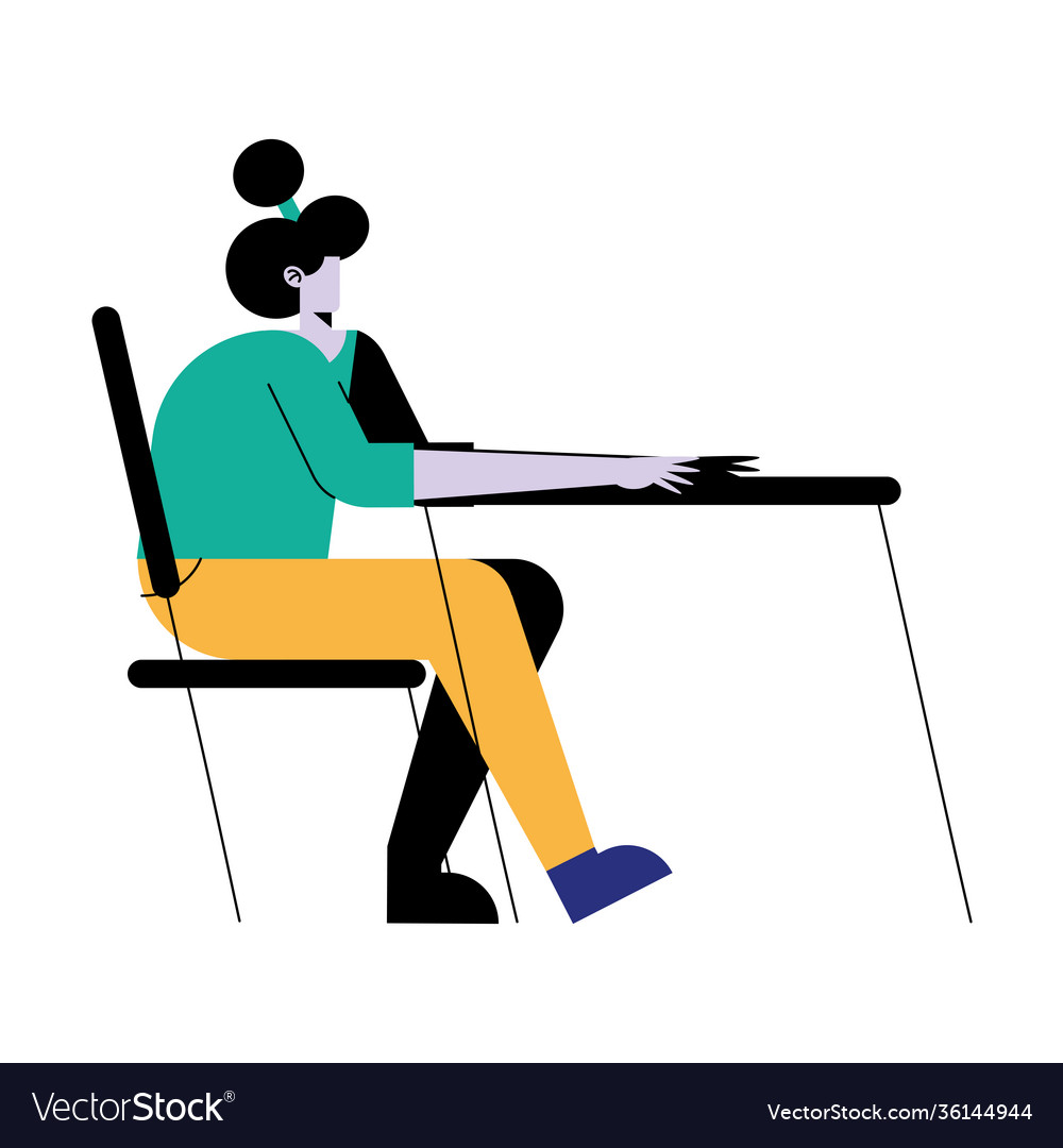 Young woman seated in desk character