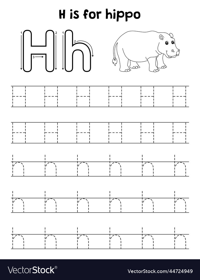 Hippo animal tracing letter abc coloring page h Vector Image