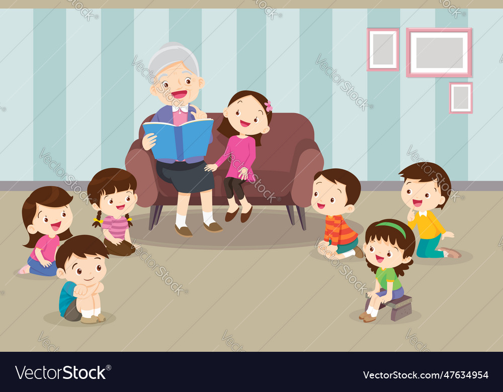 Children listen dad mom grandparents reading book