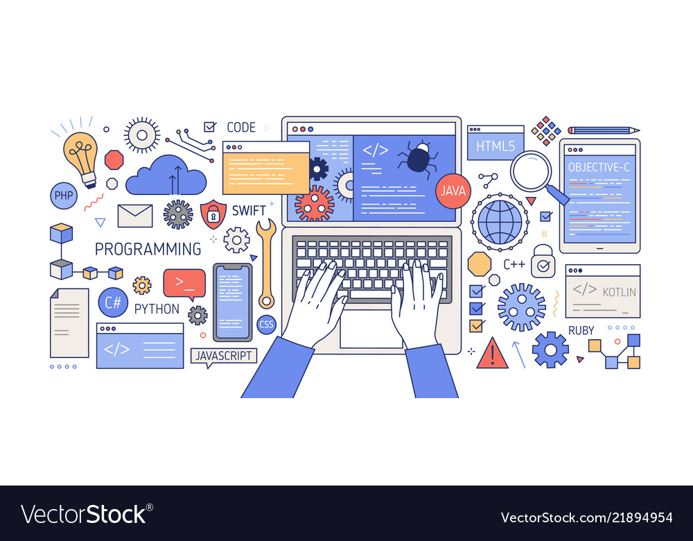 Hands Coding auf Computer - Tech Banner