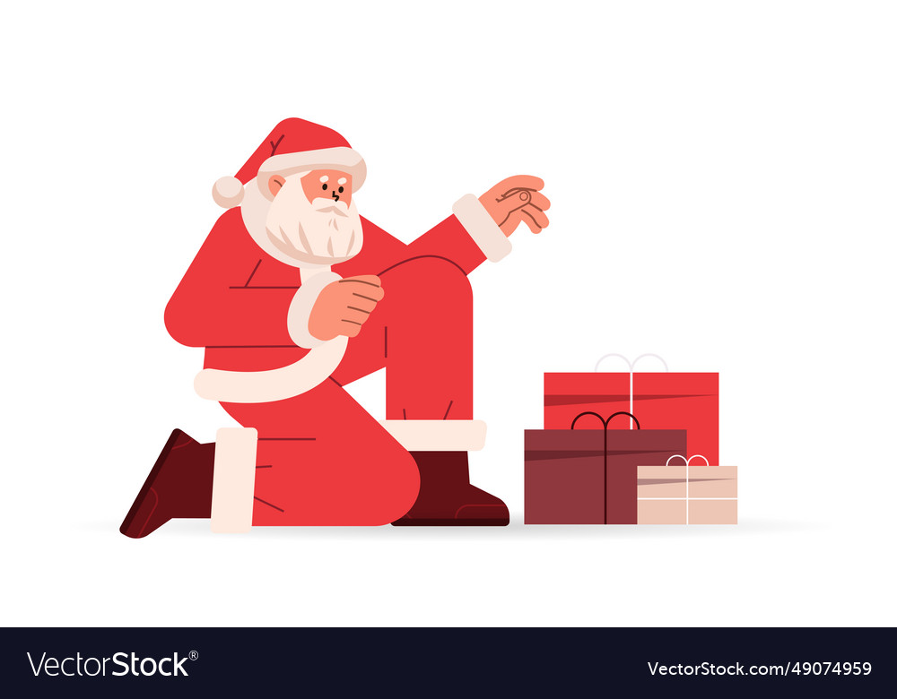 Santa claus in red costume sitting on floor near Vector Image