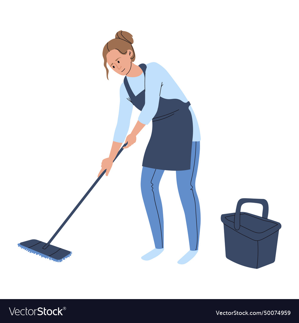 Young female cleaner mopping floor focused worker