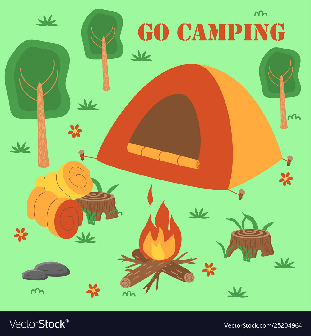 Go camping poster with tent and campfire Vector Image