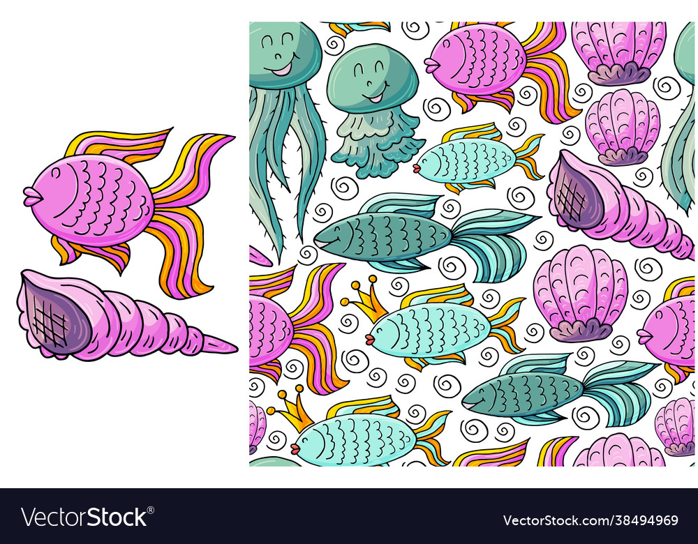 Set element and seamless pattern fishes vector image Set element and seamless pattern fishes