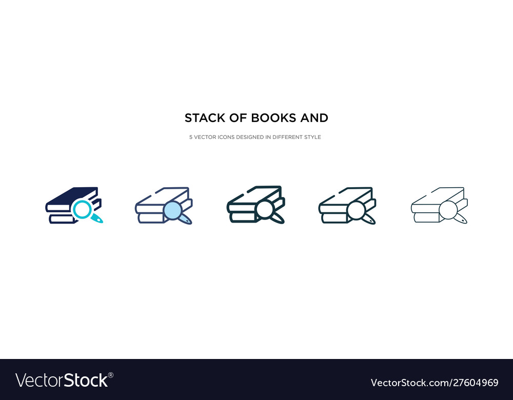 Stack books and magnifier icon in different vector image Stack books and magnifier icon in different