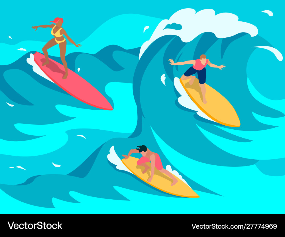 Surfing isometric composition Royalty Free Vector Image