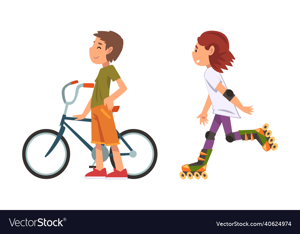 Boy and girl with bike riding roller skates