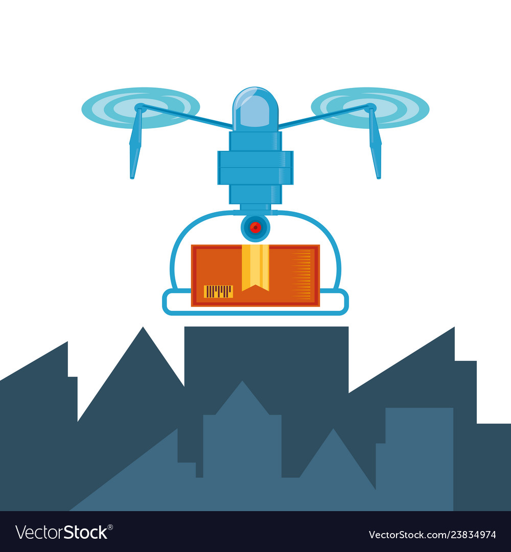 Drone technology with box carton in cityscape