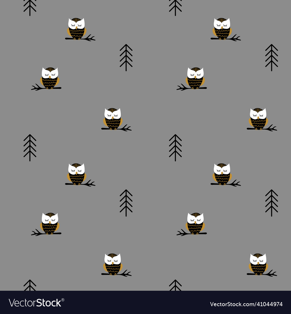 Seamless pattern with owl and fir tree
