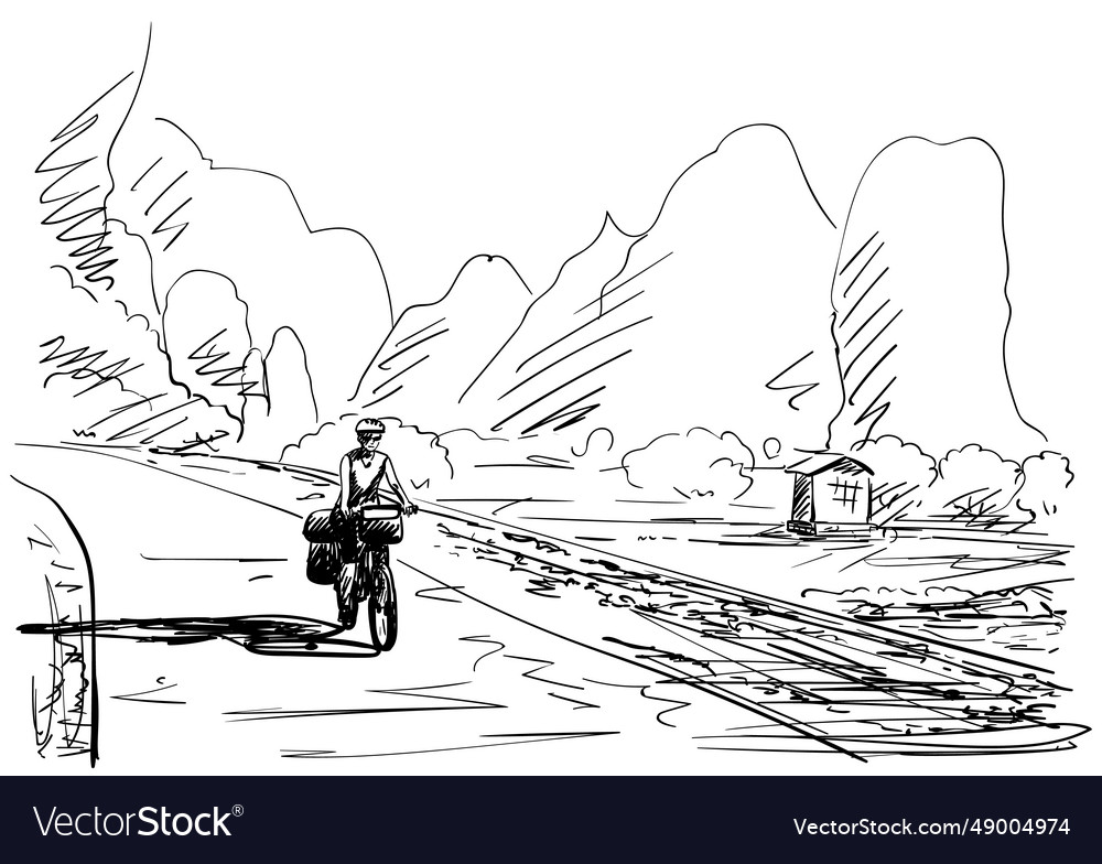 Sketch of long distance cyclist girl cycling