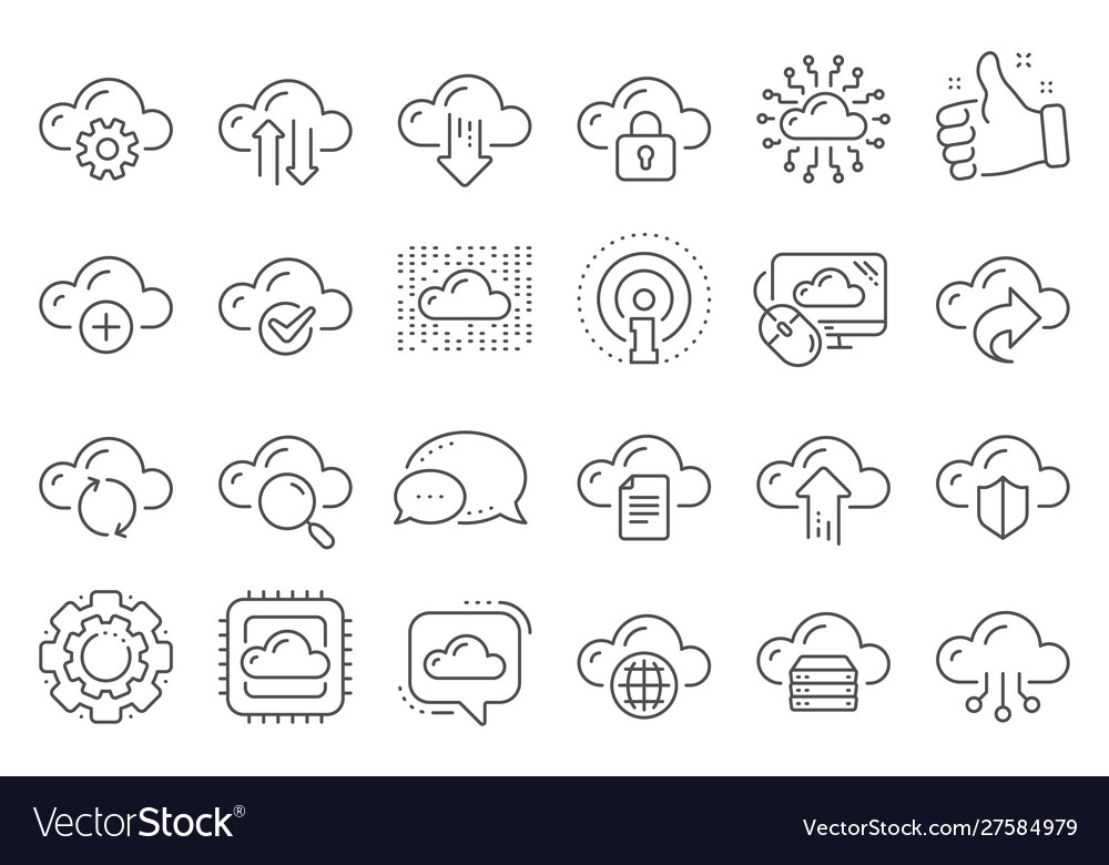 Cloud data and technology line icons set vector image Cloud data and technology line icons set