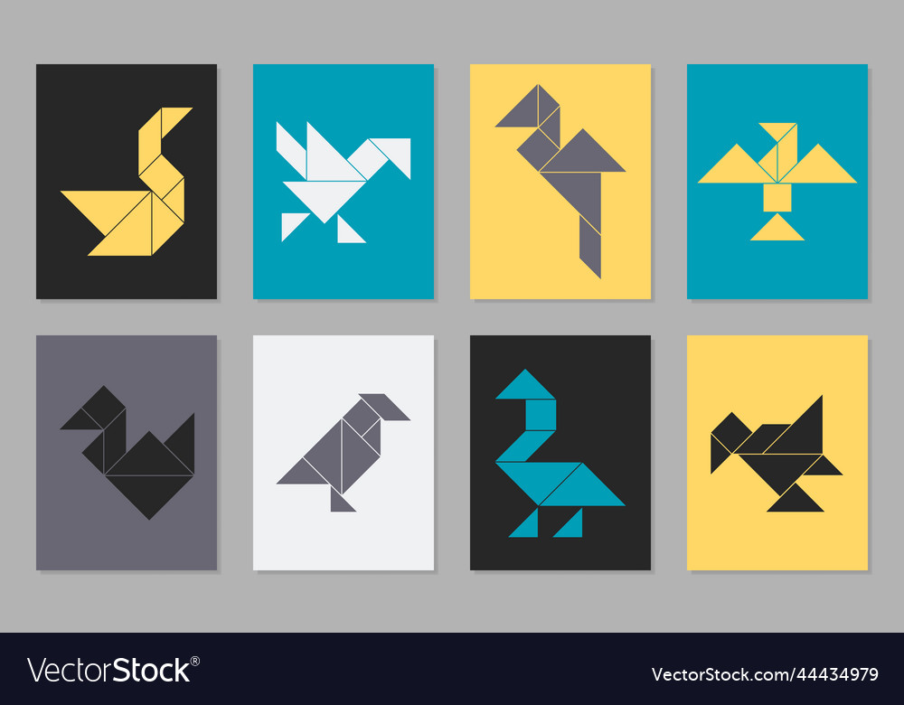 Colorful posters with eight tangram birds Vector Image