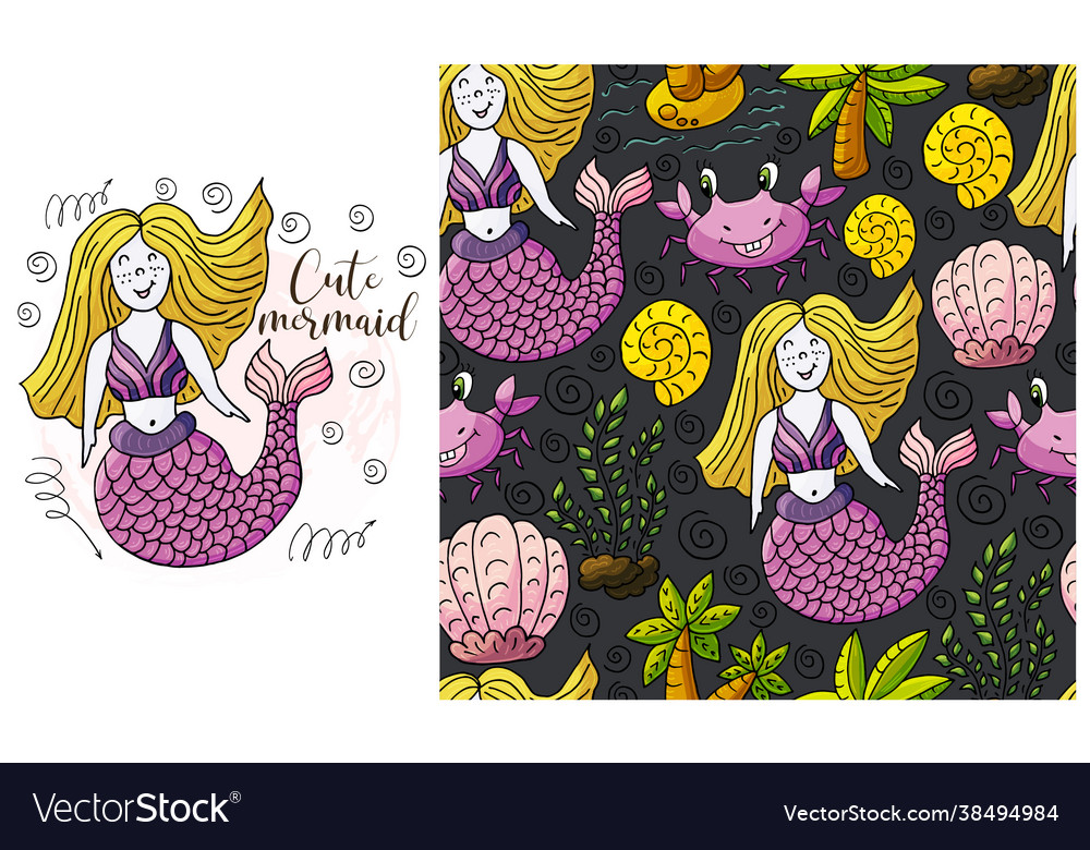 Set element and seamless pattern mermaid vector image Set element and seamless pattern mermaid