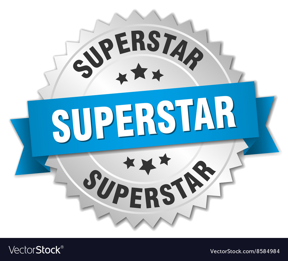 Superstar 3d silver badge with blue ribbon Vector Image