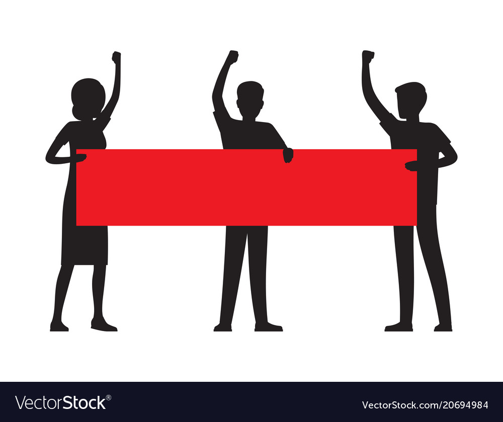 Two man hold red streamer with big sign protest