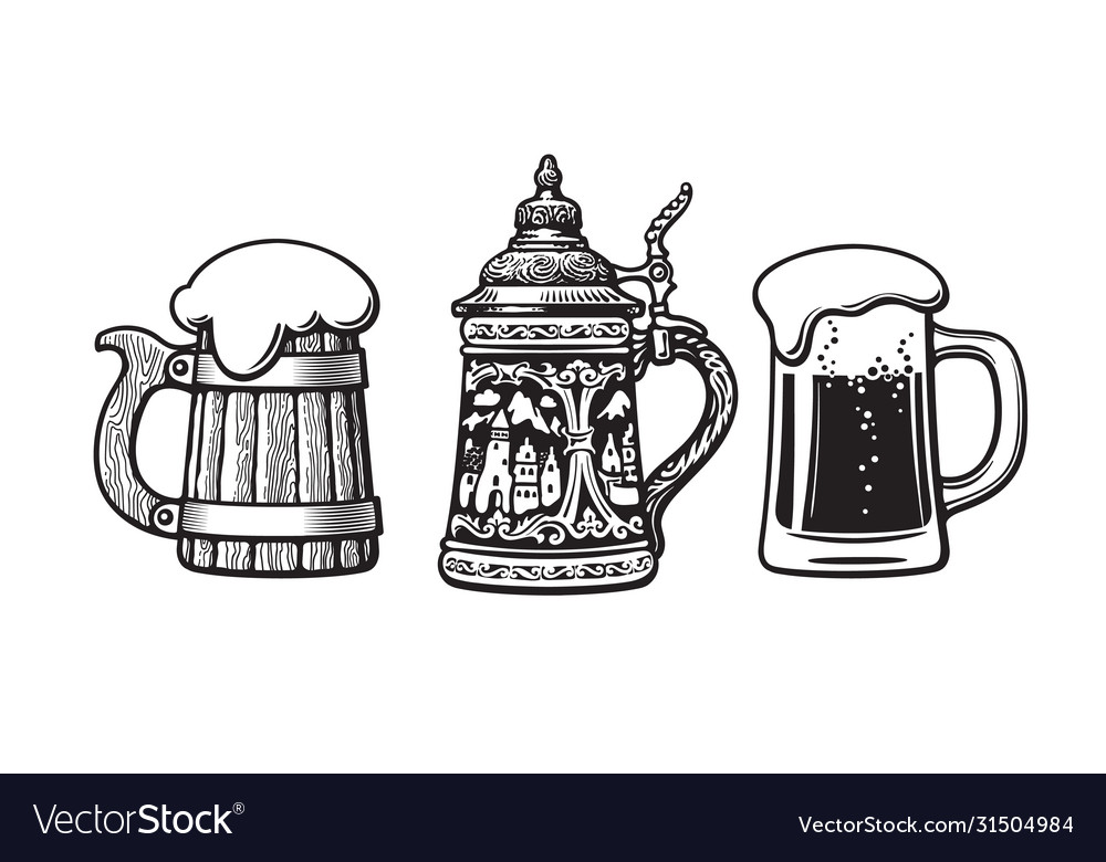 Vintage set beer mugs old wooden mug vector image Vintage set beer mugs old wooden mug