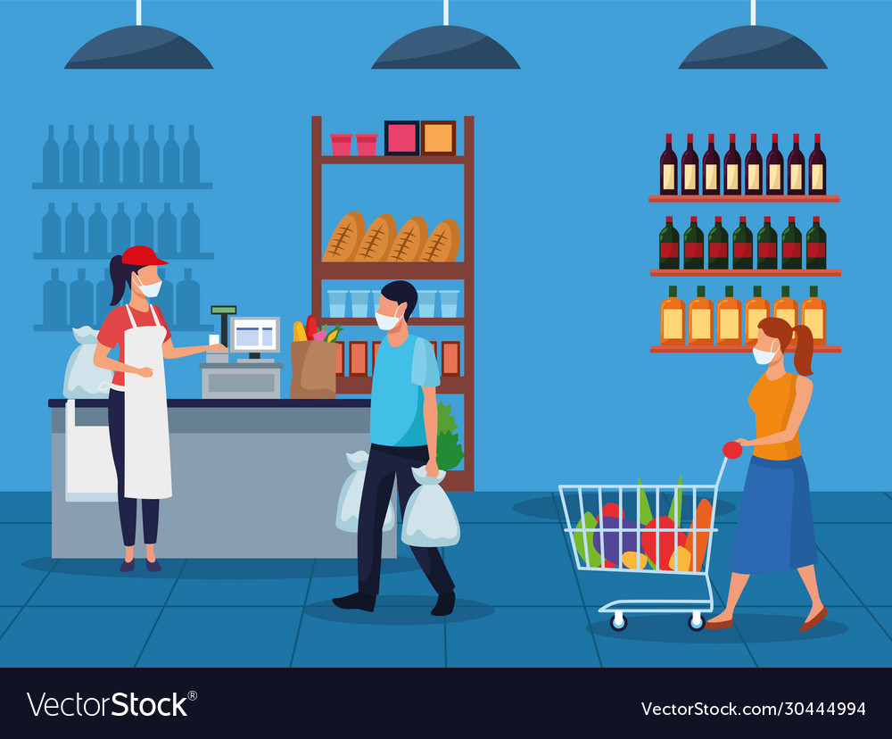 Couple and worker using face masks in supermarket Vector Image