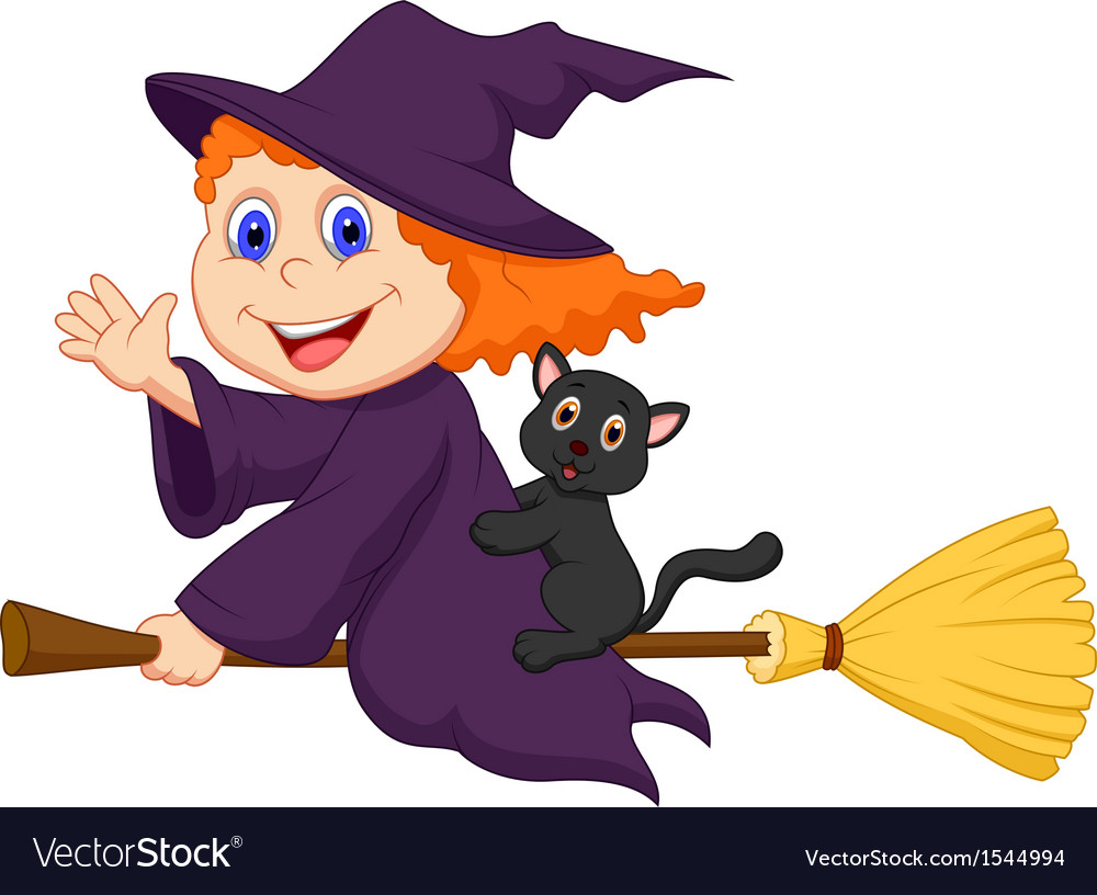 Young witch cartoon flying on on her broom Vector Image