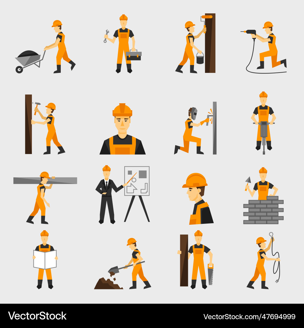Construction worker icons flat Royalty Free Vector Image