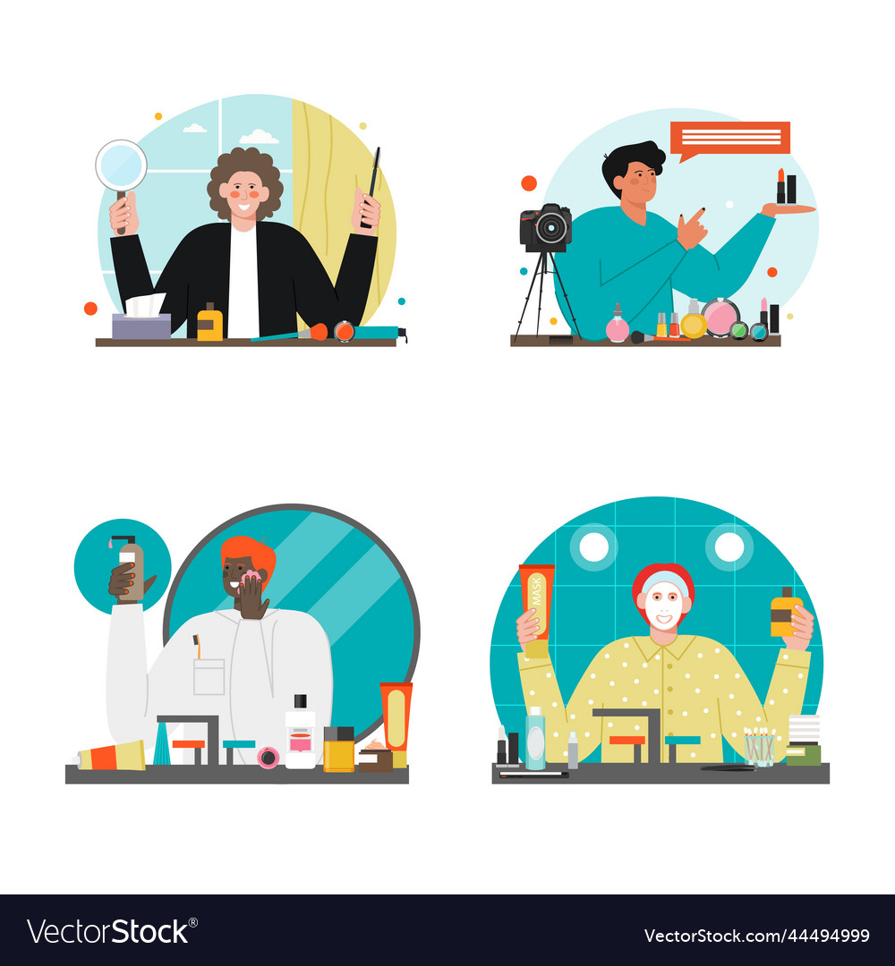 Influencer guy shoot cosmetic product review scene vector image Influencer guy shoot cosmetic product review scene