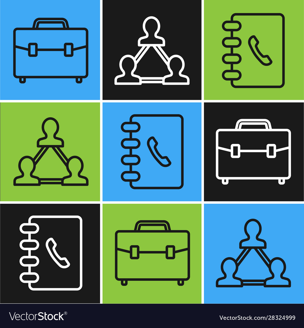Set line briefcase address book and project team vector image Set line briefcase address book and project team